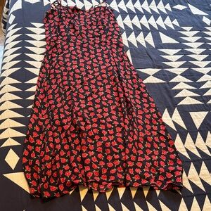 Reformation Black Midi Dress with Red Floral Pattern